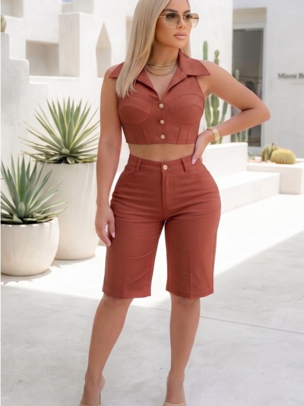 High-Rise Rust Bermuda Shorts w/Matching Crop Top